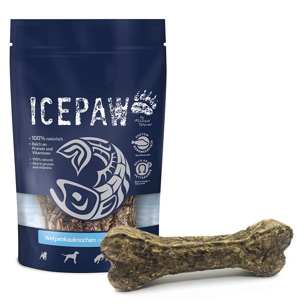 ICEPAW Welpenkauknochen (3 Beutel, 12 Stück, 3 x 250g) I aus Rinderhaut und Lachshaut I Zahnpflege f