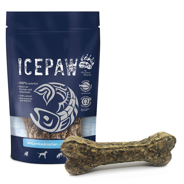 ICEPAW Welpenkauknochen (3 Beutel, 12 Stück, 3 x 250g) I aus Rinderhaut und Lachshaut I Zahnpflege f