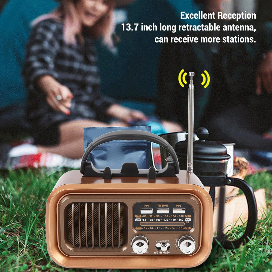 Retro Vintage Radio mit Bluetooth Lautsprecher, Tragbarer Kleiner Vintage AM FM Radio, Solar Batteri