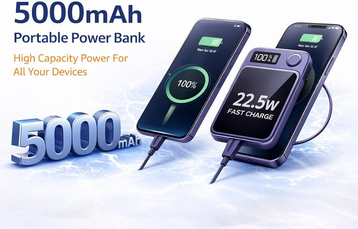 Magnetische Powerbank 10000mAh Mini 22.5W PD Schnellladen mit LED Display – kompatibel mit Samsung,