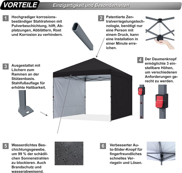 ABCCANOPY Faltpavillon UV50+ mit 2 Seitenwänden, Schwarz 270 cm | 500D Polyester,wasserdicht, 4 Sand