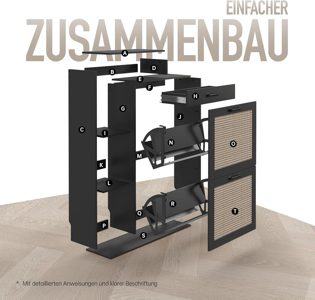 Schuhschrank schmal schwarz mit Schublade & Rattan-Dekor – eleganter Schuhkipper schwarz für Flur &
