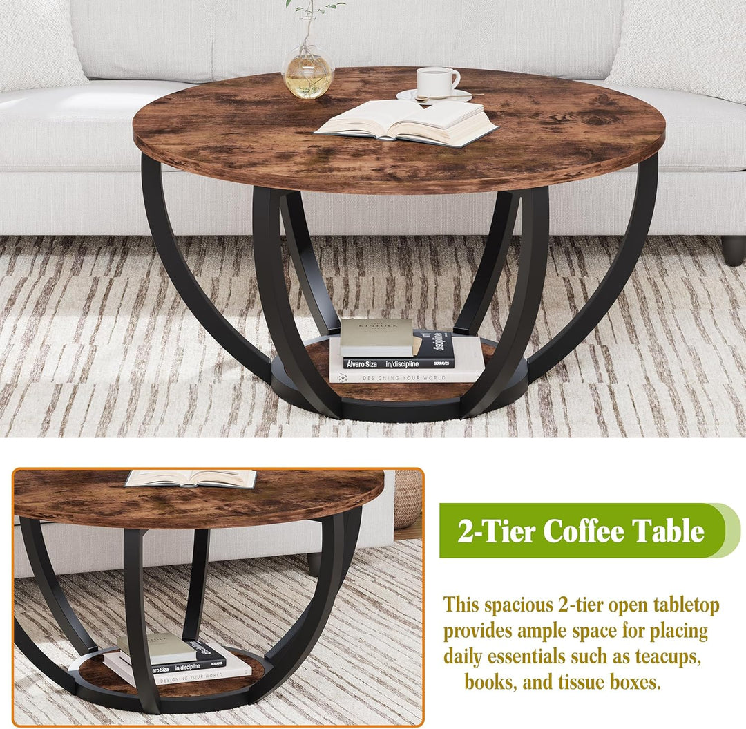 HOMERECOMMEND Round Coffee Table,Couchtisch Rund,2 stufiger Couchtisch mit Lagerung Regale,Wohnzimme