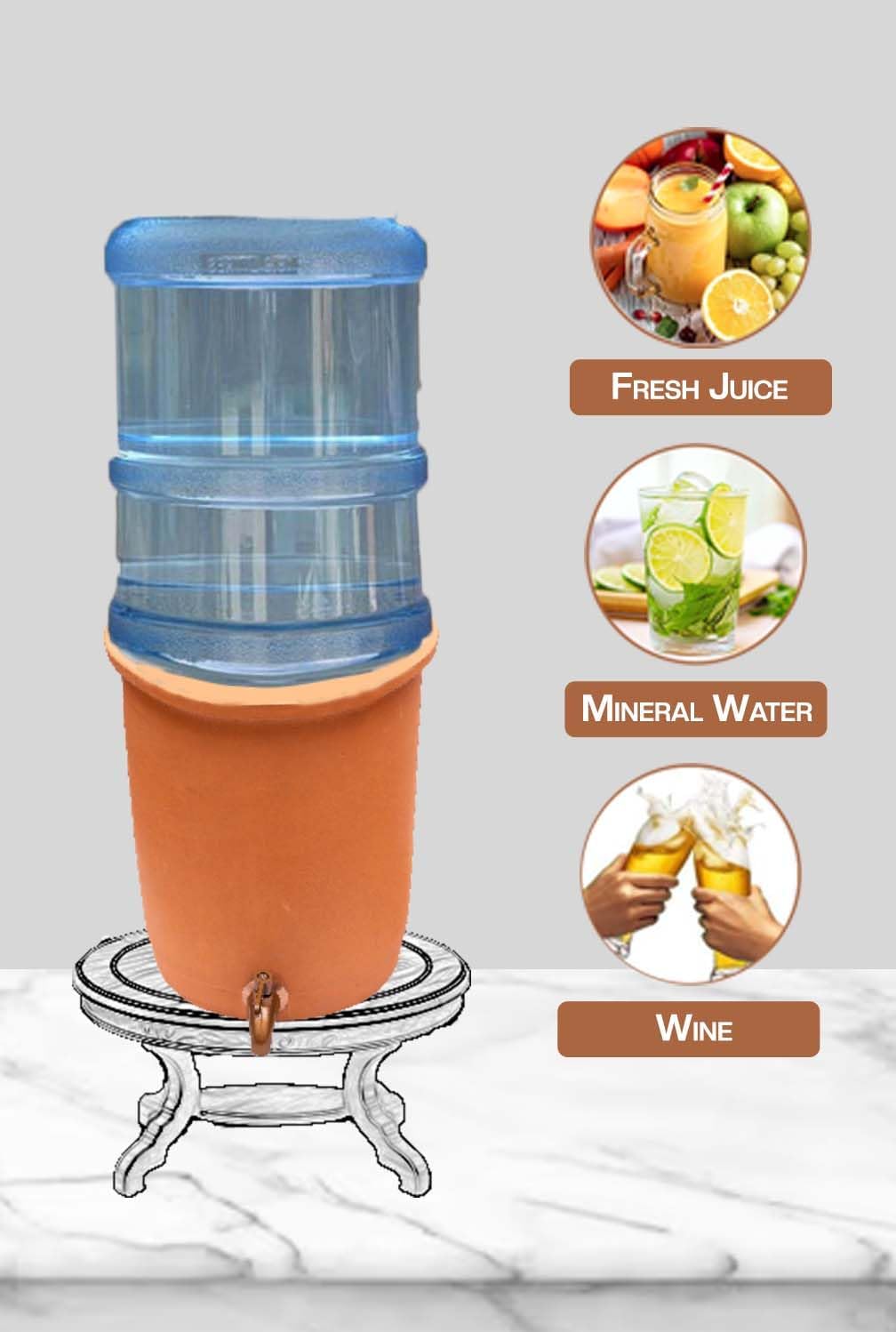 Village Decor Handmade Earthen Clay Water Pot with Stainless Steel Spigot and Lid/Beverage Dispenser