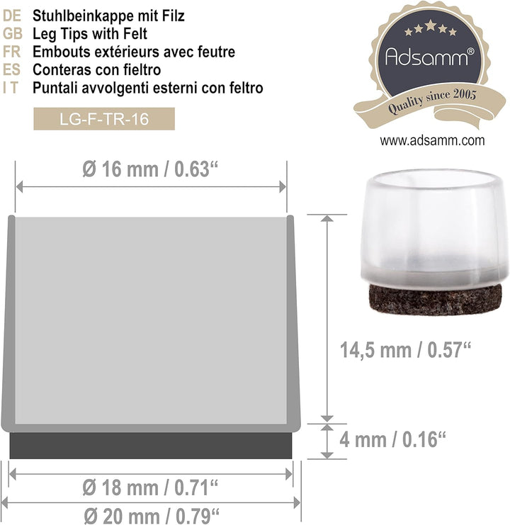 Adsamm® / 32 x Stuhlbeinkappen mit Filz / Transparent / Ø 15 - 16 mm / rund / Filz-Möbelgleiter für