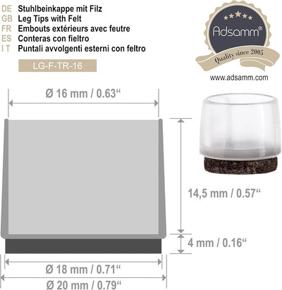 Adsamm® / 32 x Stuhlbeinkappen mit Filz / Transparent / Ø 15 - 16 mm / rund / Filz-Möbelgleiter für