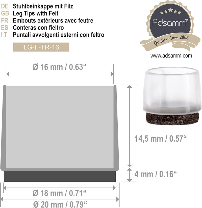Adsamm® / 32 x Stuhlbeinkappen mit Filz / Transparent / Ø 15 - 16 mm / rund / Filz-Möbelgleiter für