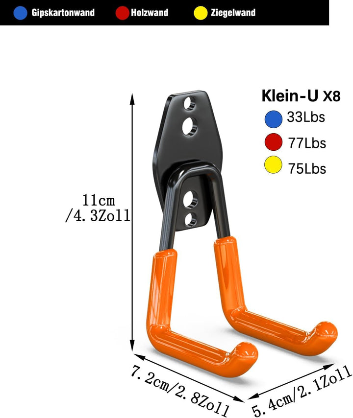 3-H Wandhaken Garage, Wandhaken Schwerlast, Haken 8 Stück Gerätehaken Garage Storage Doppelhaken für