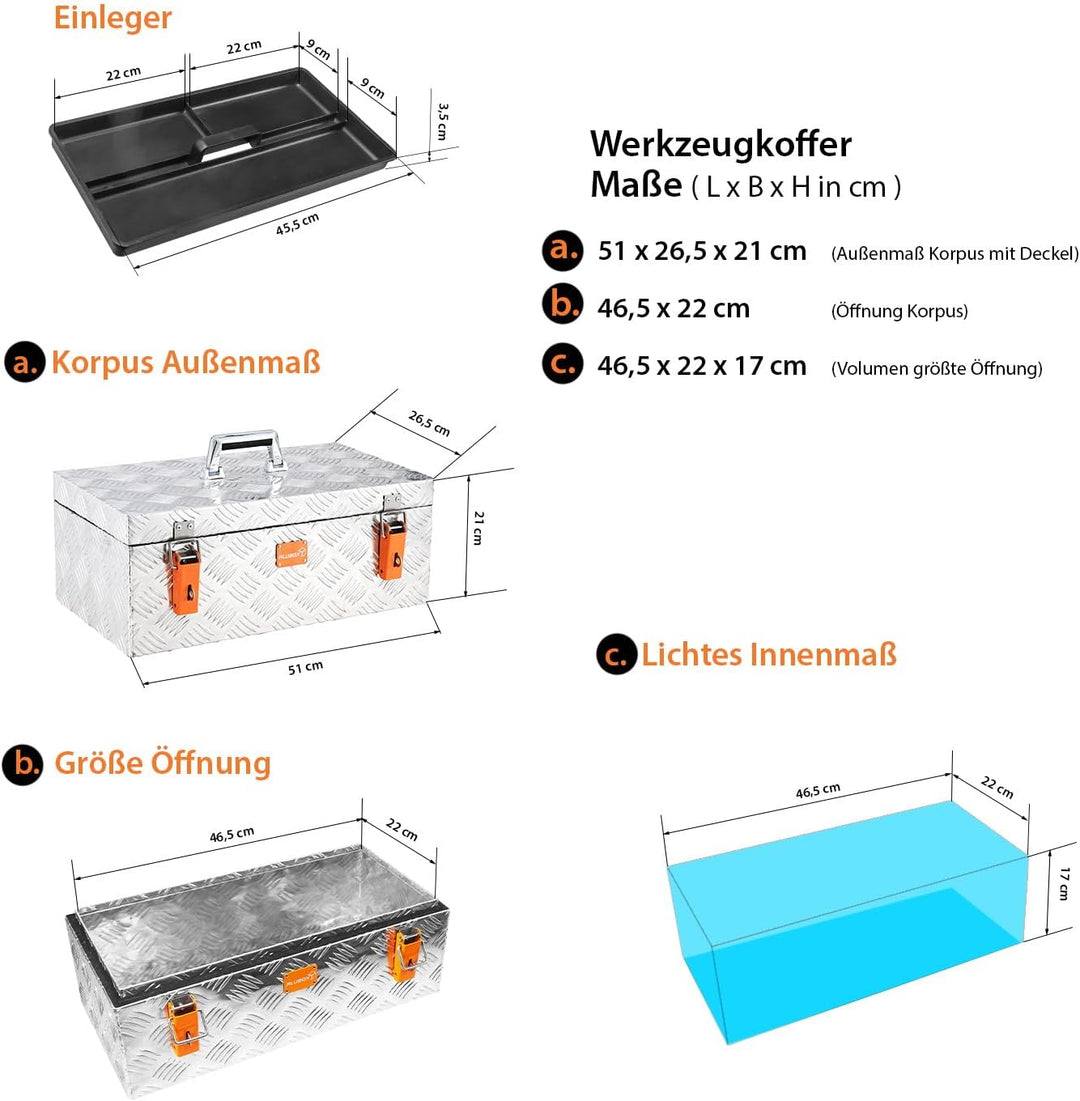 Aluminium Riffelblech Werkzeugbox 1,5mm Stärke - XXL Werkzeugtruhemit Einsatz - 59,5 x 29 x 23,5 cm