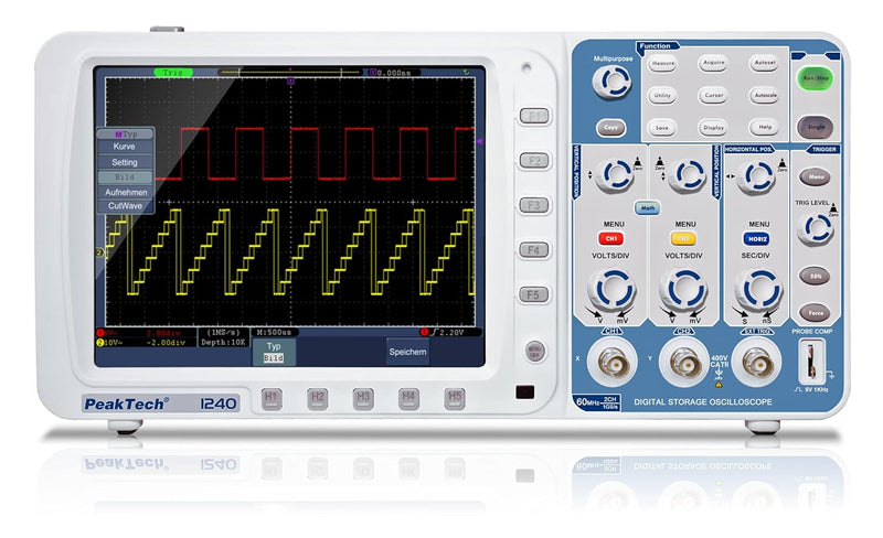 PeakTech 1240 – 2-Kanal Speicher-Oszilloskop (60MHz) mit USB-, VGA-, LAN-Schnittstelle & 8“ Hochaufl