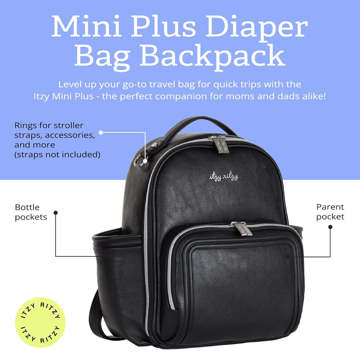 Itzy Ritzy Baby Mini Plus Wickeltasche, Schwarz mit silberfarbenen Beschlägen – Plus, Black with Sil