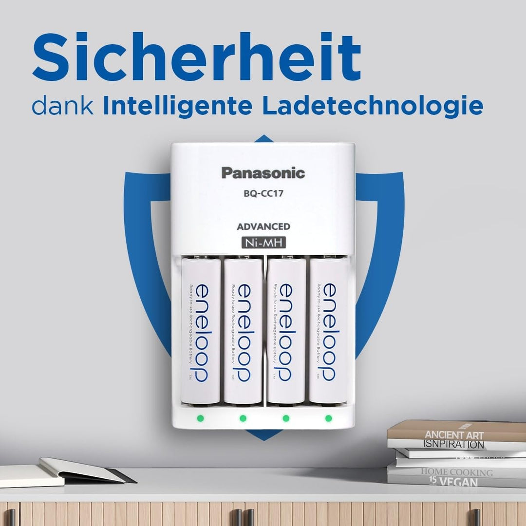 Panasonic eneloop Smart Ladegerät für 1–4 AA/AAA NI-MH-Akkus, mit 4 LED-Anzeigen und 7 Sicherheitsfu
