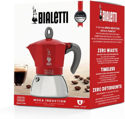 Bialetti - Moka Induction, Kanne, Geeignet für Alle Herdarten, 6 Tassen Espresso (280ml), Rot 6 Tass