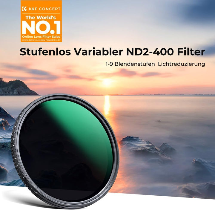 K&F Concept Nano D-Serie ND Filter 62mm Variabler Graufilter ND2-ND400 (1-9 Blendenstufen), 62mm