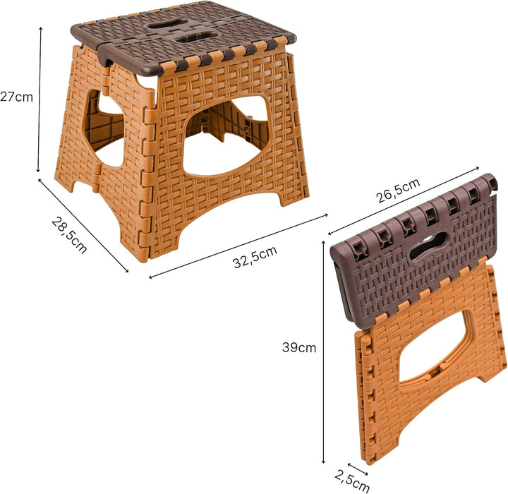 Klapphocker S (32,5×28,5×27 cm) Braun – Tritthocker faltbar bis 120 kg – rutschfest & tragbar – Kuns