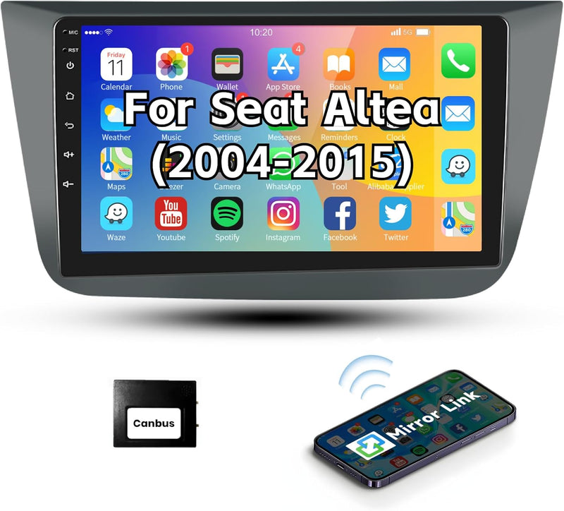 Podofo Android Autoradio GPS für Seat Altea 2004-2015(Linkslenker), 9" Touchscreen Navi WiFi Bluetoo