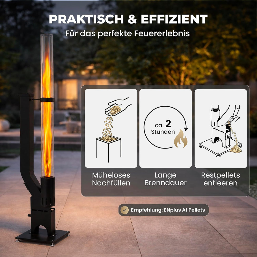 Lemodo Pelletfackel Prime, Feuersäule Outdoor mit Glasröhre, für Garten & Terrasse, für Holzpellets,