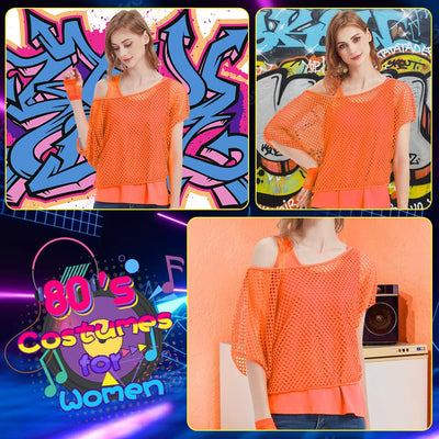 WILDPARTY 80er 90er Jahre Outfit Damen, Netzshirt, Tank top, Beinwärmer, Netzhandschuhe, Kostüm 80er