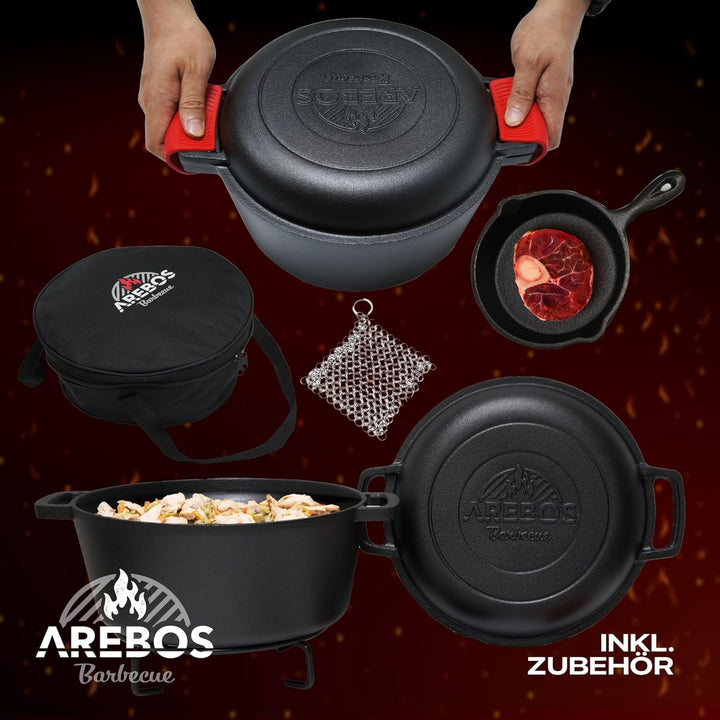 Arebos Dutch Oven Set 2in1 | Gusseisen Topf 4,8 L & Pfanne 1,8 L | Eingebrannter BBQ Feuertopf & Bra