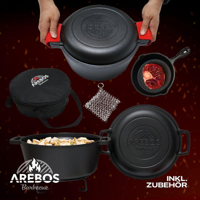 Arebos Dutch Oven Set 2in1 | Gusseisen Topf 4,8 L & Pfanne 1,8 L | Eingebrannter BBQ Feuertopf & Bra