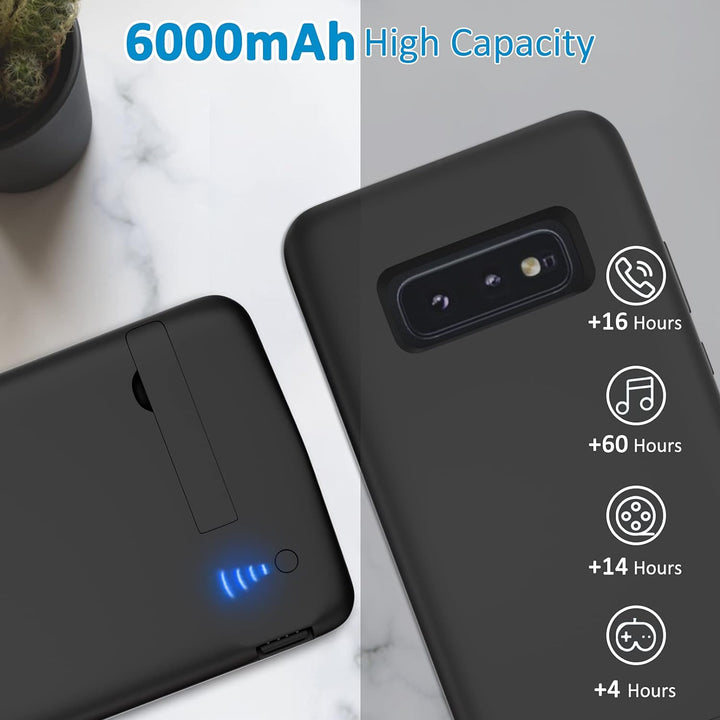 Gladgogo Akku Hülle für Samsung Galaxy S10, [6000 mAh] Battery Case Akkuhülle Mit klappbarem Ständer