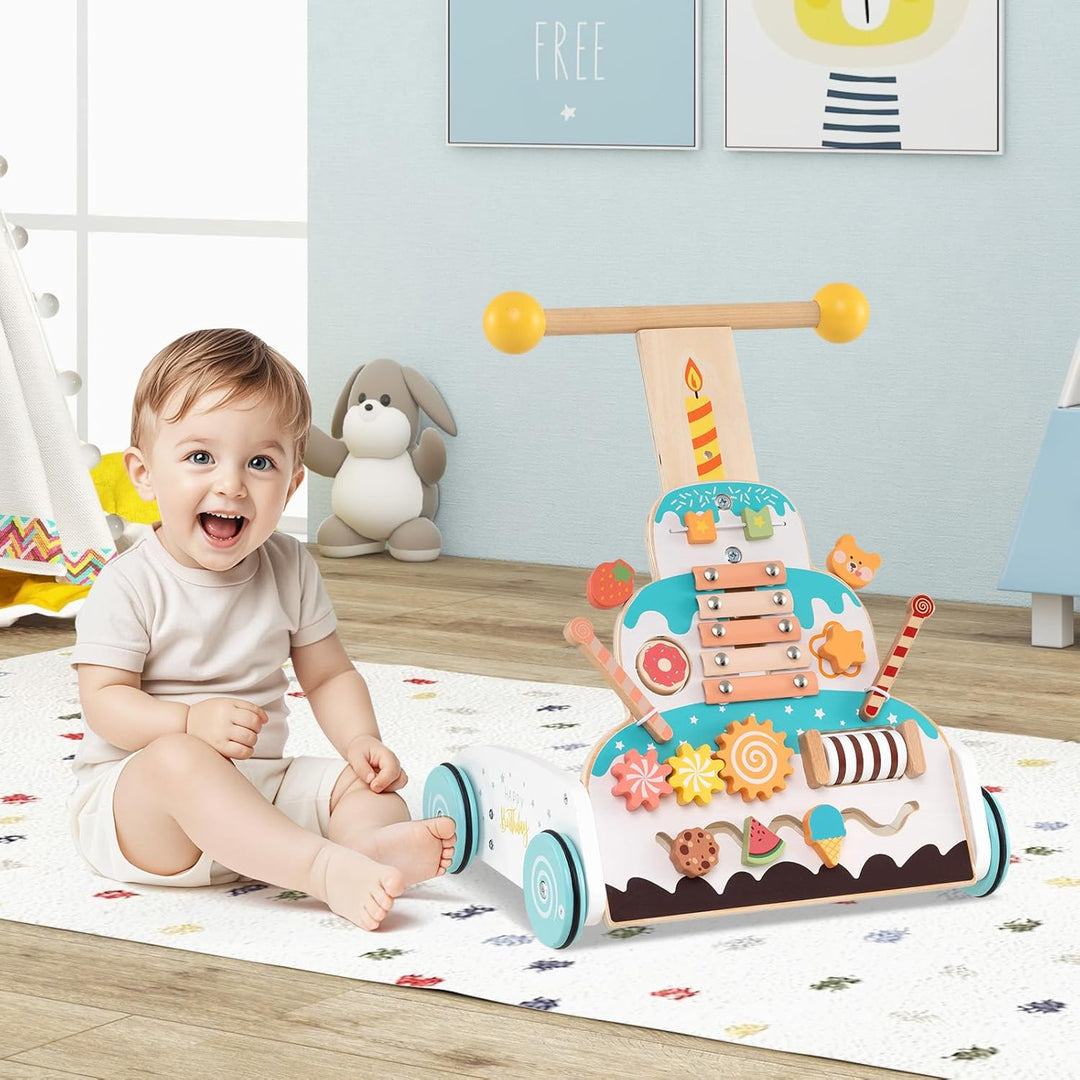 GOPLUS Lauflernwagen Holz, höhenverstellbarer Baby Lauflernhilfe, Baby Walker mit Xylofon &amp; Rutschbl