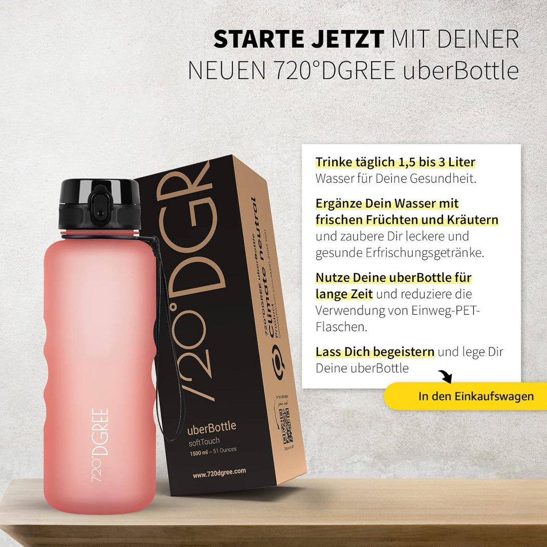 720°DGREE Trinkflasche 1,5 Liter “uberBottle“ softTouch +Sieb - BPA-Frei - XL Wasserflasche für Gym,