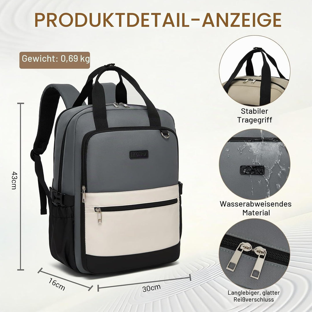 KONO Rucksack Damen 15,6 Zoll Laptop Rucksack, Geräumiger Wasserabweisender Schulrucksack mit Flasch