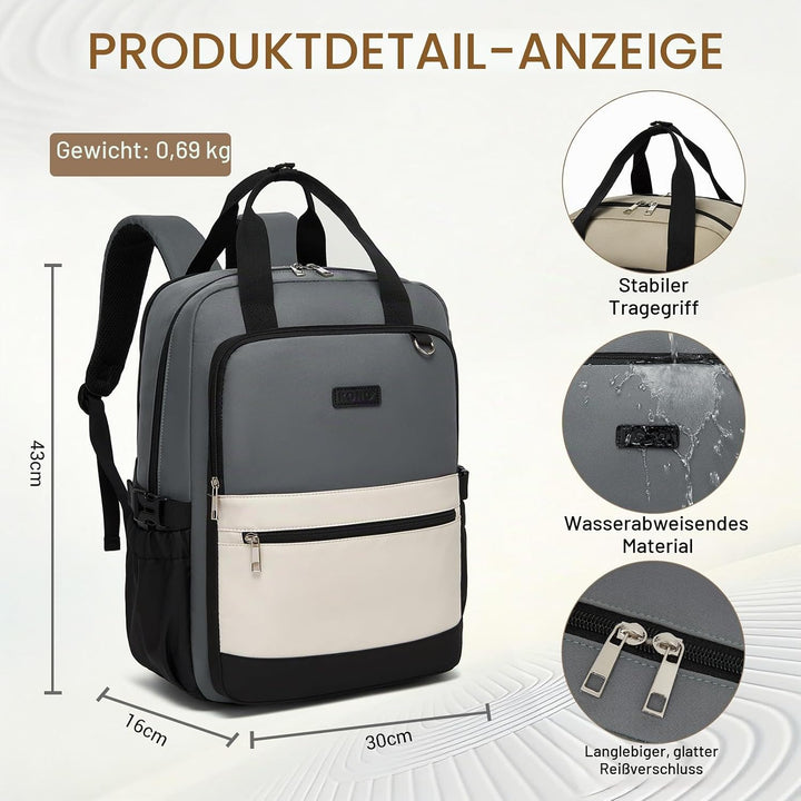 KONO Rucksack Damen 15,6 Zoll Laptop Rucksack, Geräumiger Wasserabweisender Schulrucksack mit Flasch