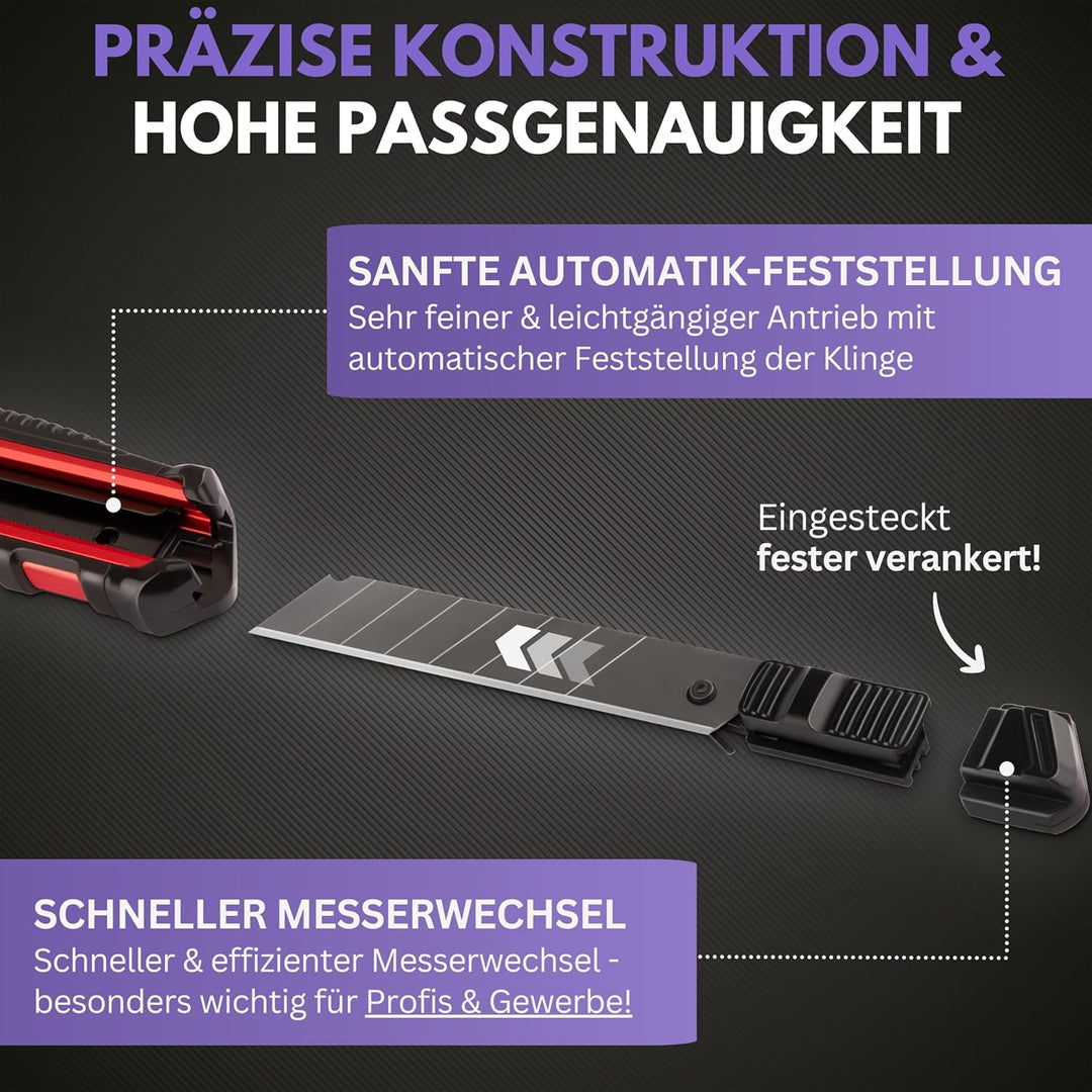 Filzada ® 3x Cuttermesser Profi inkl. 13x Carbonstahl Klingen BLACK - Cuttermesser 18mm - Robustes T