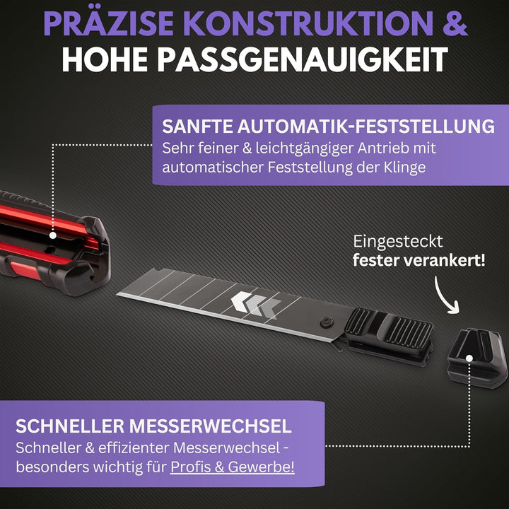 Filzada ® 3x Cuttermesser Profi inkl. 13x Carbonstahl Klingen BLACK - Cuttermesser 18mm - Robustes T