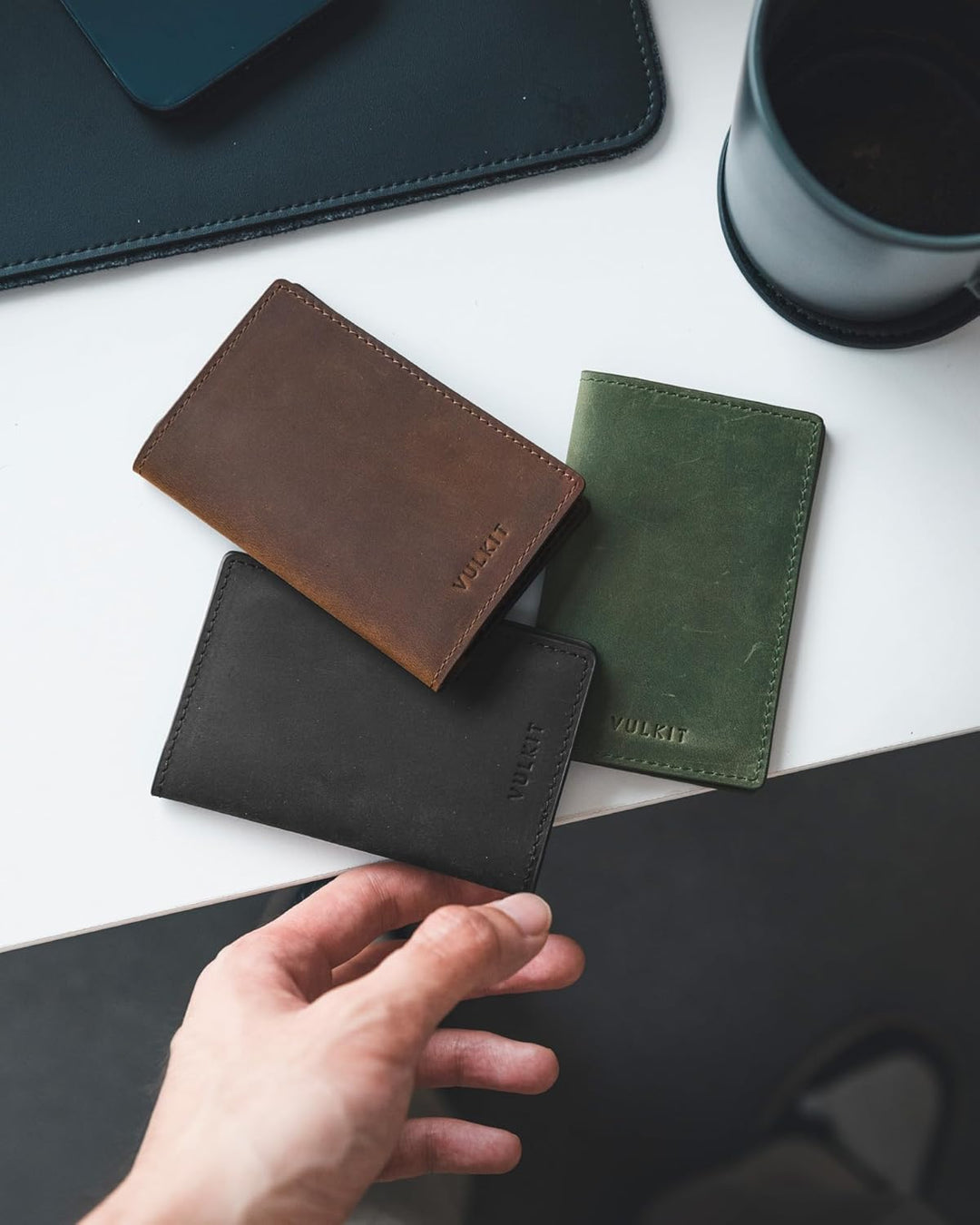 VULKIT Visitenkartenetui Echtes Leder Slim Visitenkartenhüllen für Herren Bifold Visitenkartenhalter