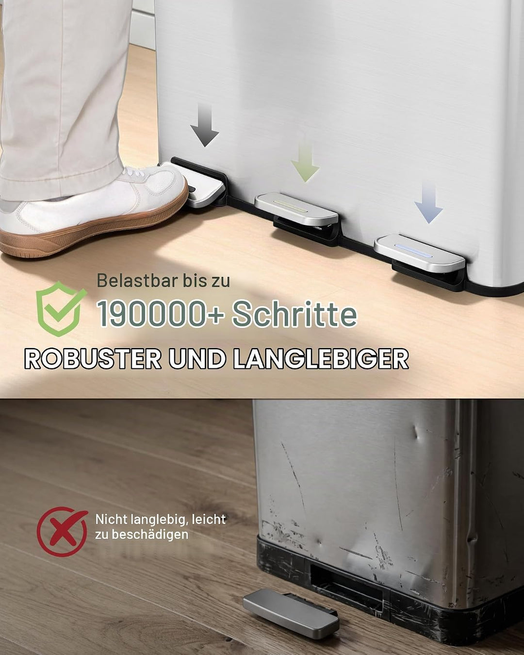 Hzuaneri Mülleimer Küche, 3 x 18 L, Mülltrennsystem 3 Fächer, Mülleimer mit Farbigem Soft-Close-Deck