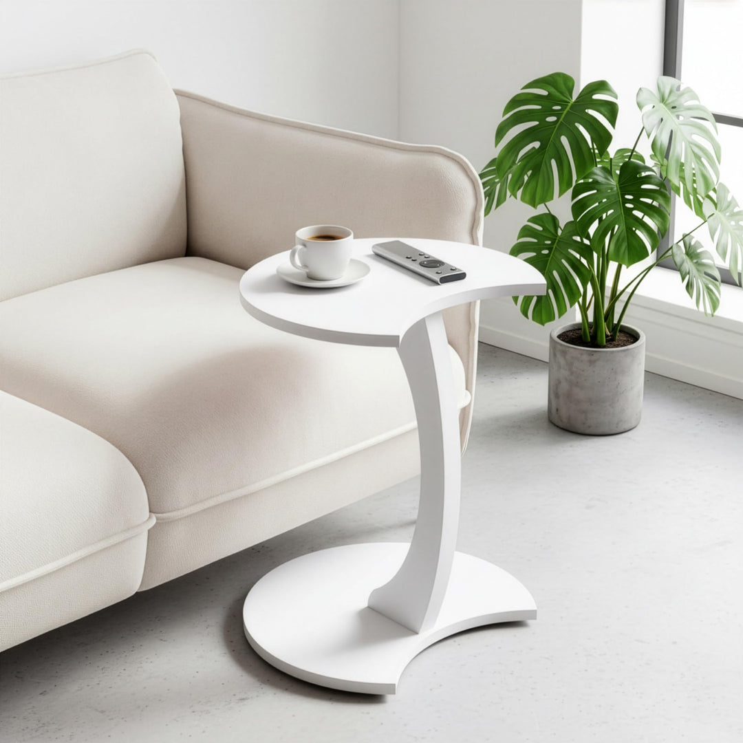 Beistelltisch C-Form Mond, Weiss, Sofatisch mit Rollen, Couchtisch Laptoptisch Couch, 56 x 45 x 35 c