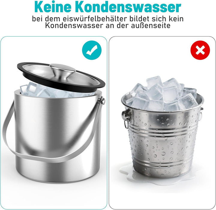 3L Eiswürfelbehälter mit Deckel, Schaufel & Zangen, Doppelwandig Edelstahl Isolierung Eiswürfel Behä