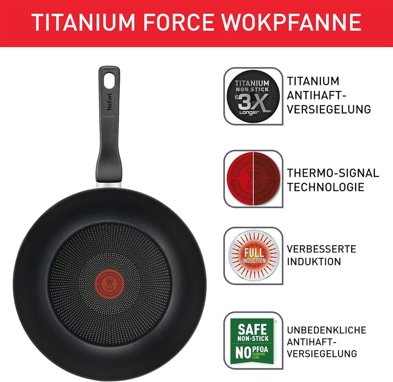 Tefal G30319 Titanium Force Wok-Pfanne | 28 cm | extra haltbare Antihaft-Beschichtung | Thermo Signa