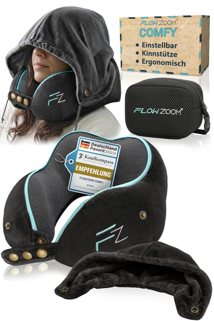 FLOWZOOM Comfy Nackenkissen Flugzeug & Auto mit Kapuze - Einstellbares Memory Foam Reisekissen mit D