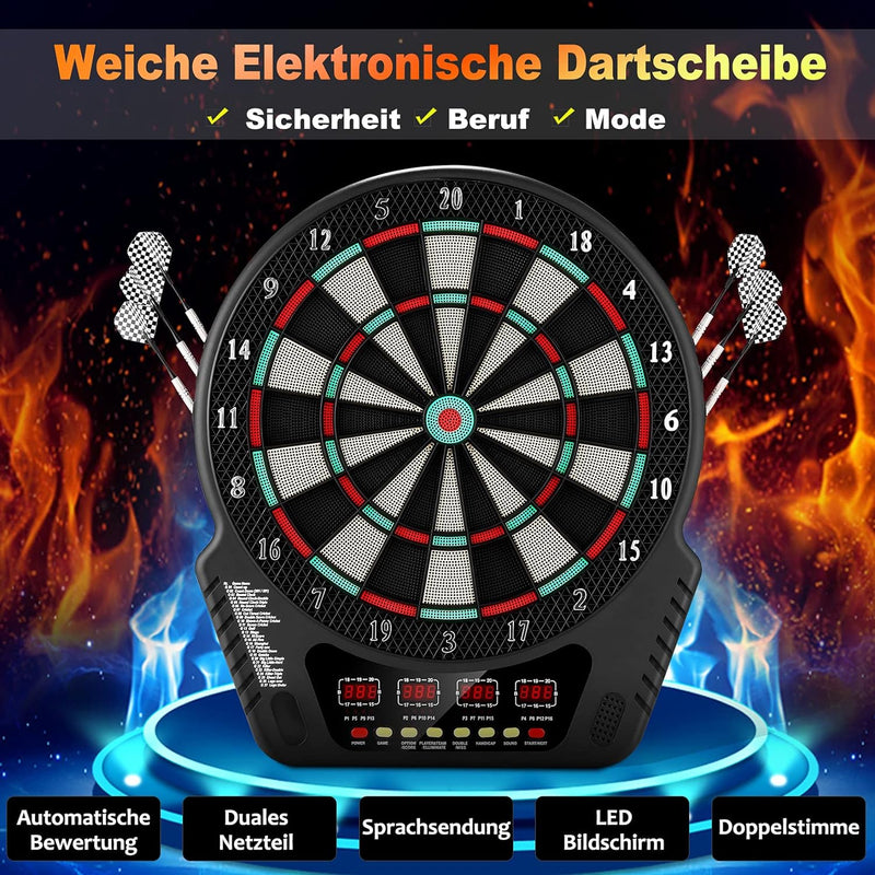 Eloklem Elektronische Dartscheibe Dardboard mit 4 LCD-Anzeige und Ladeadapter Geeignet, 6 Darts und