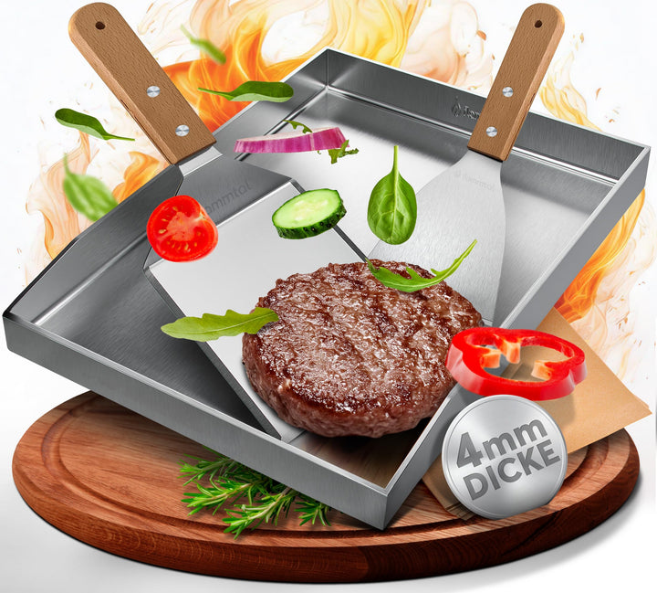 Grillplatte aus 4mm rostfreiem Edelstahl [40 x 30cm] - Plancha mit Grillspachtel Set & Burgerpapier