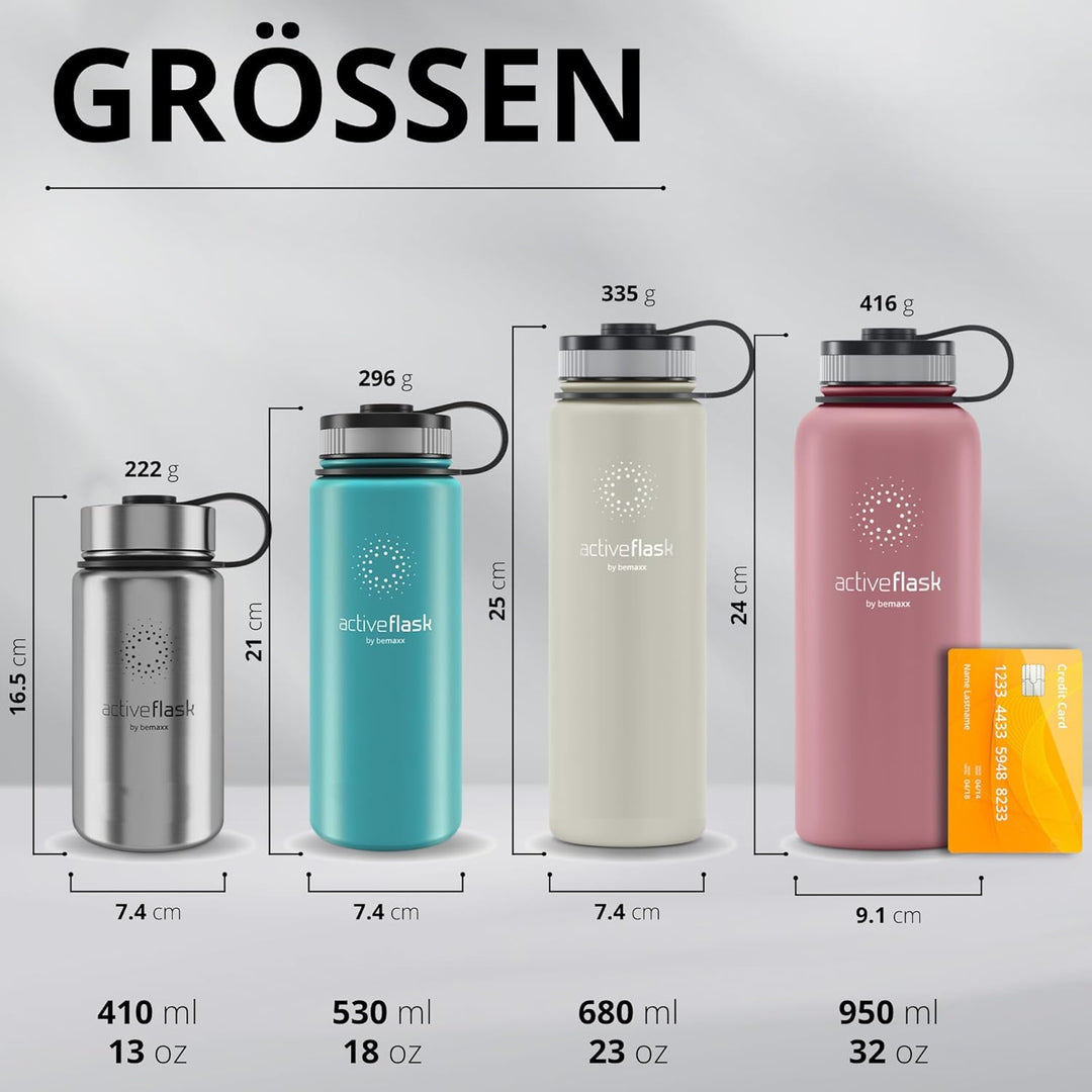 Trinkflasche Edelstahl ACTIVE FLASK + Strohhalm (3 Deckel) BPA-frei, Auslaufsicher, Kohlensäure geei