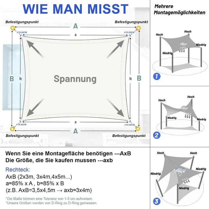 LOVE STORY Sonnensegel 2.5x3.5m Wasserdicht Rechteckig Cremeweiss Sonnenschutz Windschutz PES Polyes