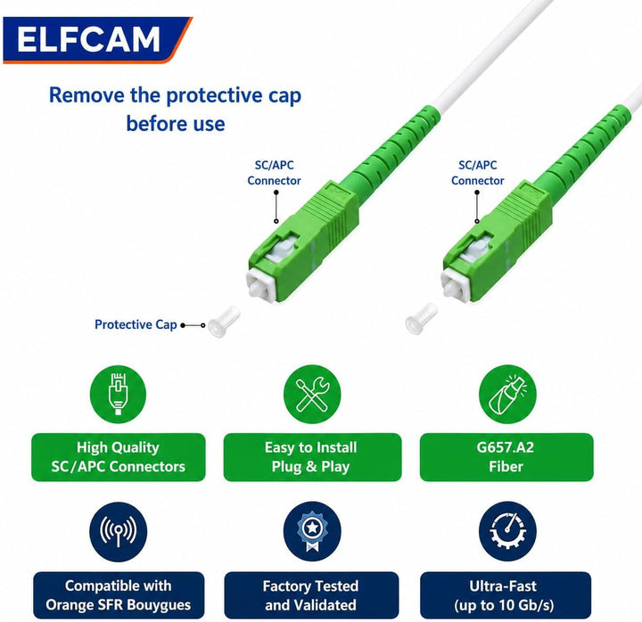 Elfcam® - 15m Glasfaserkabel SC/APC auf SC/APC Simplex Singlemode, Lieferung mit LWL Adapter, LWL ka