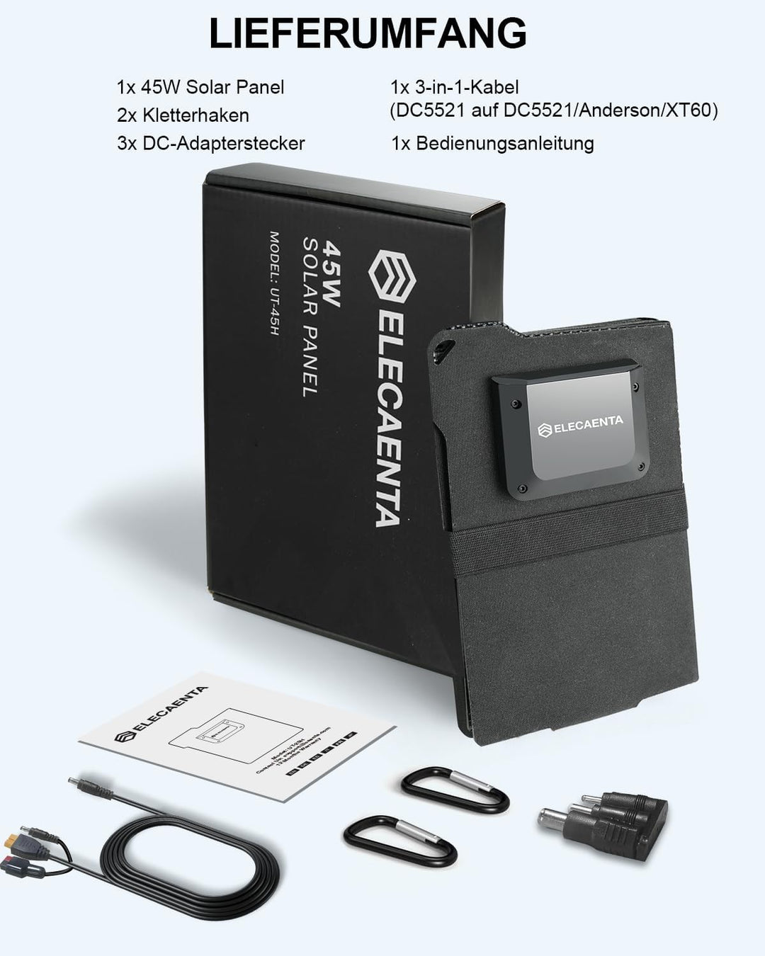 ELECAENTA 45W ETFE HPBC Solar Ladegerät 3-Port DC USB-C PD30W QC3.0 IP68 Wasserdicht Faltbar Solar P