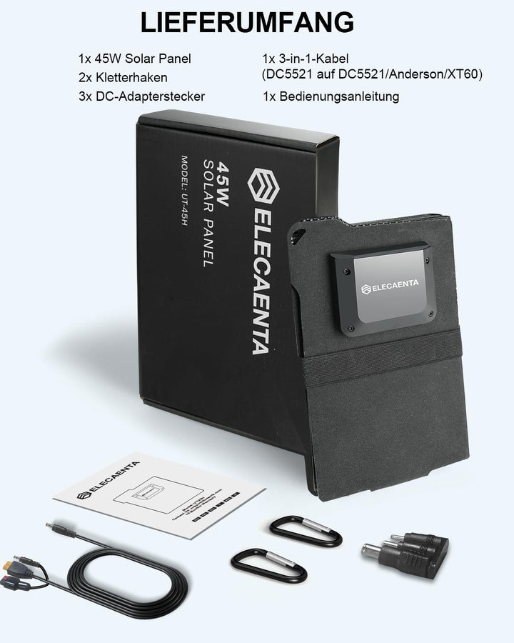 ELECAENTA 45W ETFE HPBC Solar Ladegerät 3-Port DC USB-C PD30W QC3.0 IP68 Wasserdicht Faltbar Solar P
