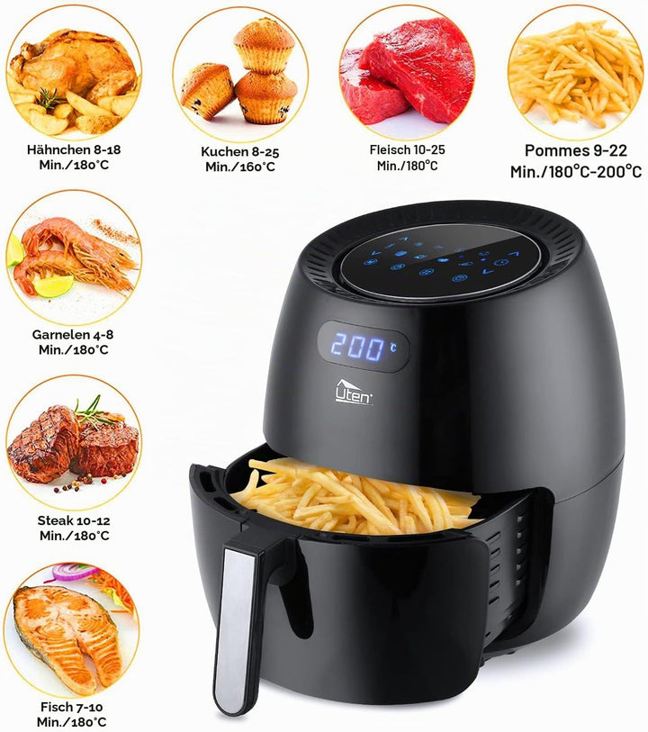 Heissluftfritteuse,Uten 6.5L Airfryer XXL Heissluftfriteuse mit digital LED-Touchscreen,8 programmen