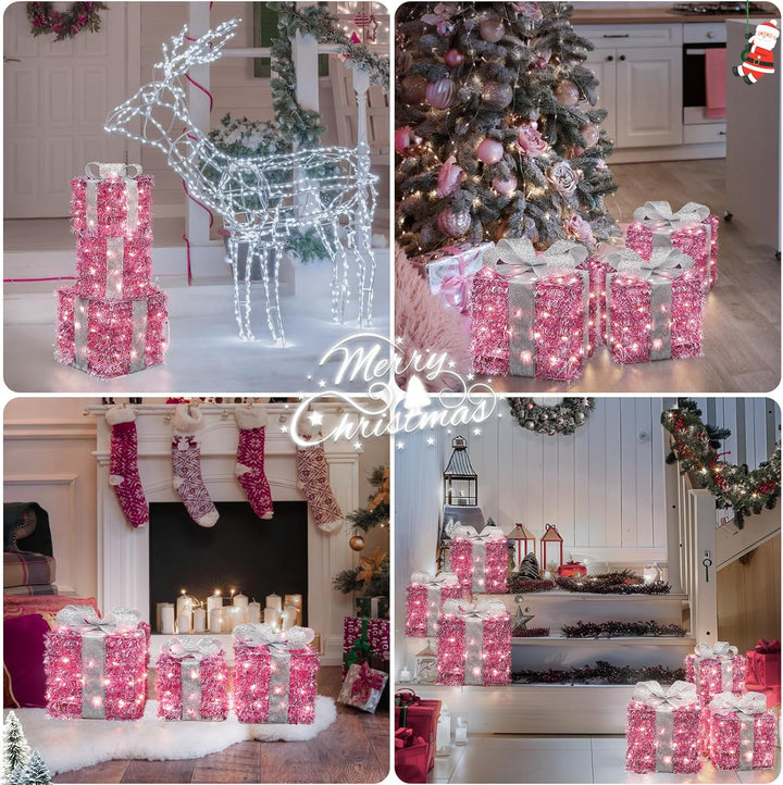 Quntis 3 Set LED Geschenkbox Weihnachten, Weihnachtsdeko Innen Strombetrieben, 140 warmweisse LEDs,