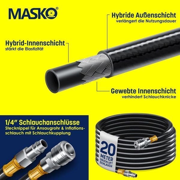MASKO® 20m Druckluftschlauch Aufroller automatisch 1/4" Anschluss - Schlauchtrommel Wandschlauchhalt