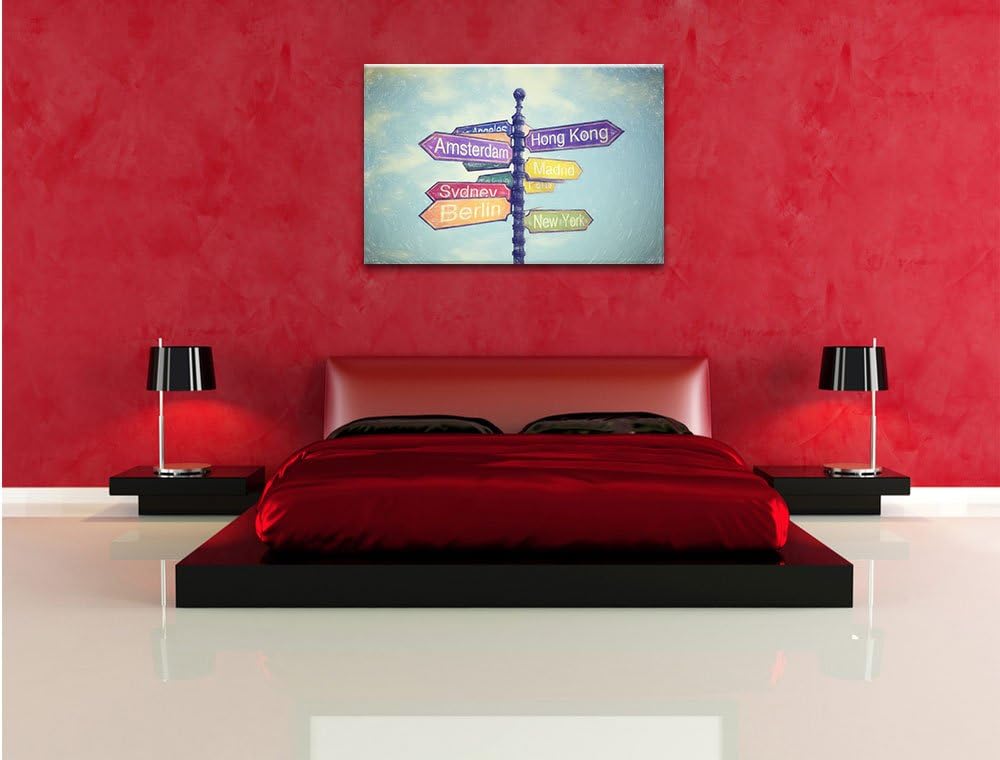 Pixxprint Städte Wegweiser Kunst Buntstift Effekt, Format: 100x70 auf Leinwand, 100x70