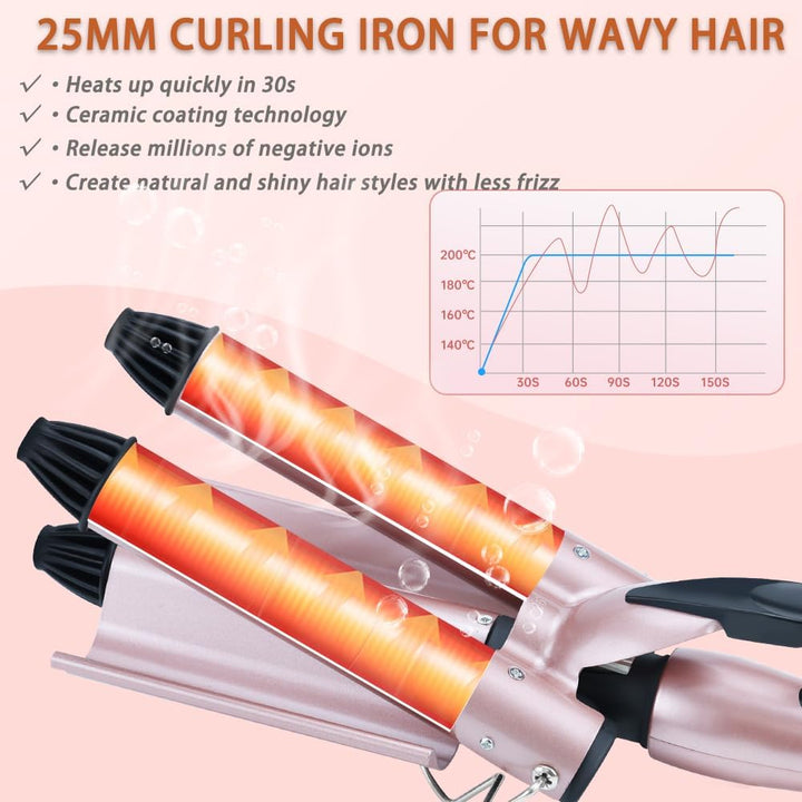 Aischens 3 Fässer Welleneisen 25mm, Lockenstab mit 3 Stangen mit 4 Einstellbaren Temperaturen, Welle