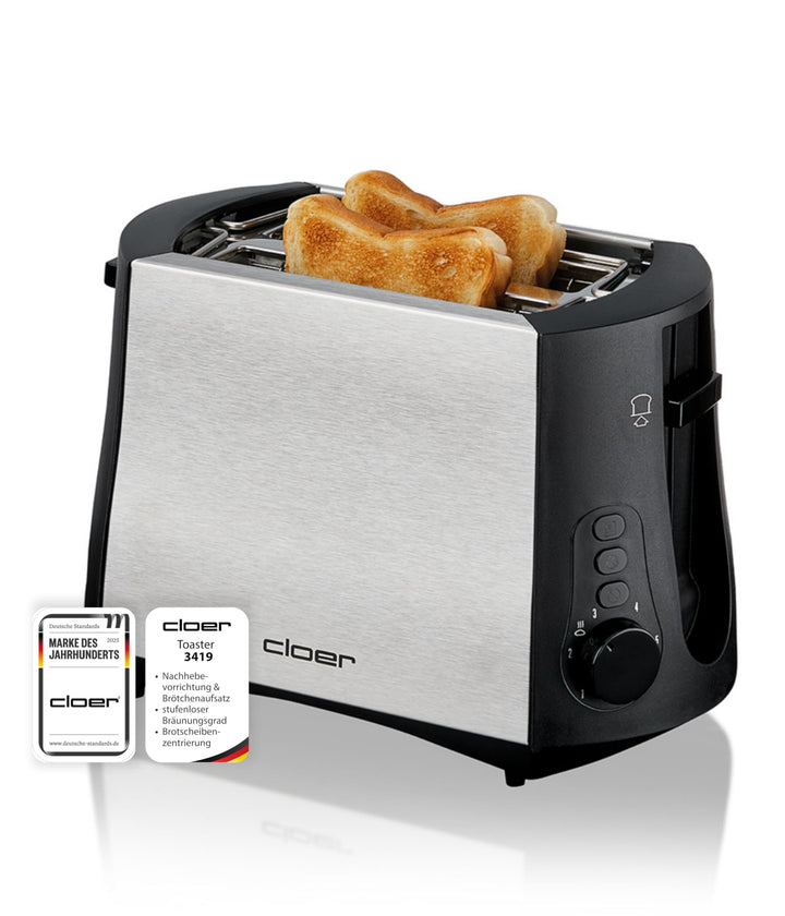 Cloer 3419 Toaster für 2 Toastscheiben, 825 W, integrierter Brötchenaufsatz, Nachhebevorrichtung, Kr
